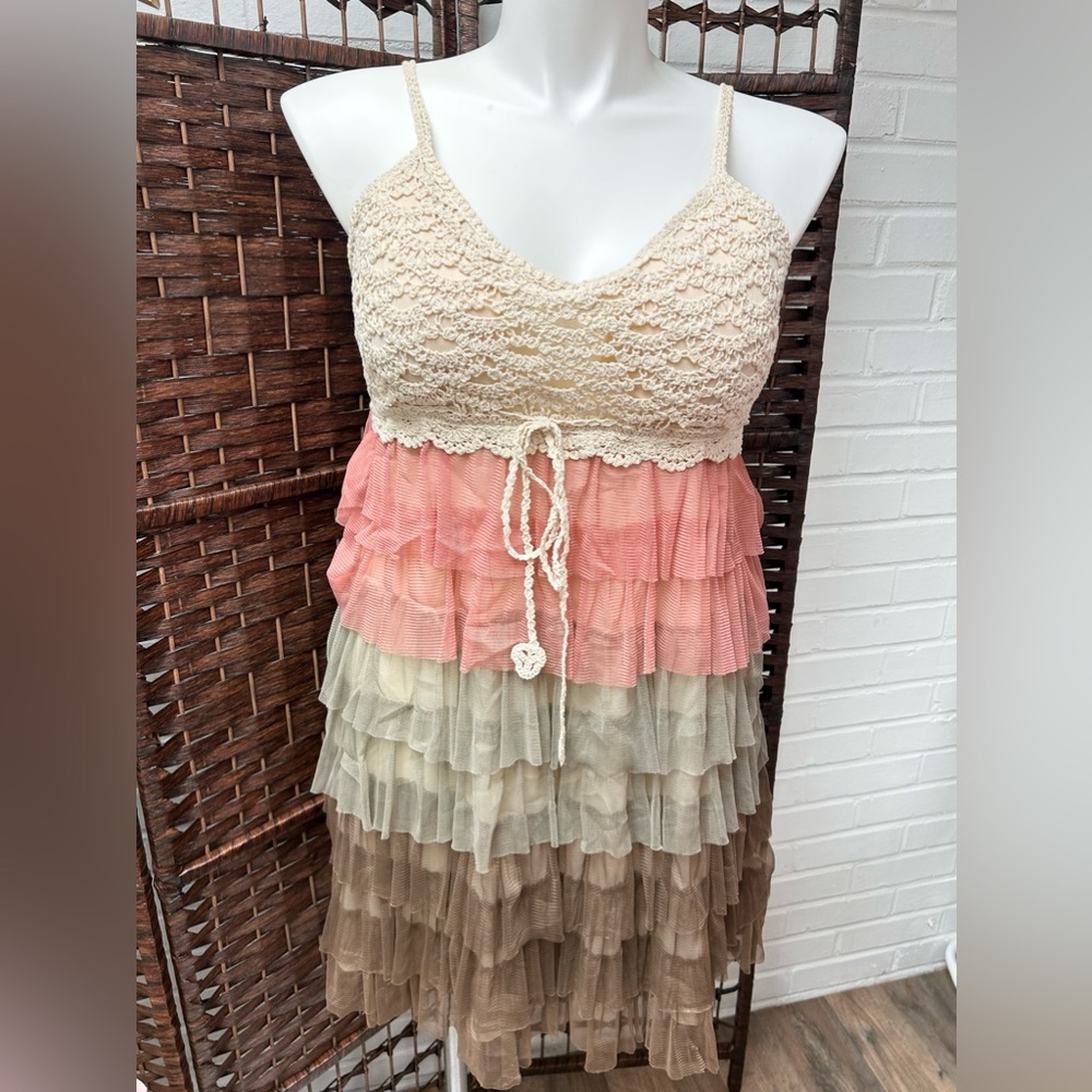 Chesley Pink,Tan,Tiered Ruffle Dress
